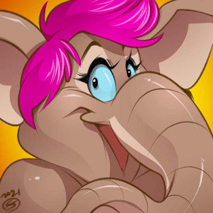 This is a cel-shaded cartoon commission of Tina at icon size for social media. Tina is a fat, female African elephant with hot pink hair in a pixie cut.