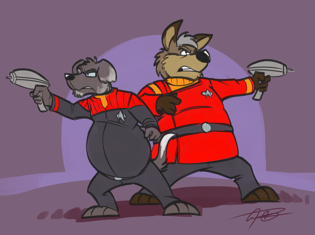 Buddy Goodboy and Dante Tyranno point phasers at unseen assailants. Buddy is a chubby anthropomorphic Labrador retriever. Dante is a chubby anthropomorphic German shepherd. Buddy is wearing a Deep Space 9/Voyager-era command uniform in black and red, and Dante is wearing the Original Series Motion Picture-era Monster Maroons.