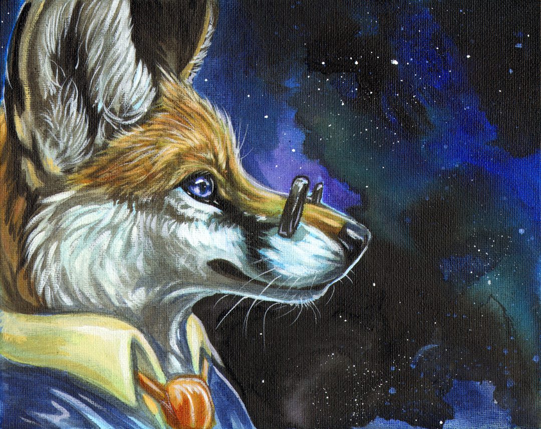 A side profile of Doctor Professor Fox in a photorealistic, painterly style. DPF wears small, black, rectangular glasses, a yellow dress shirt with the collar unbuttoned, a loosened orange tie, and a purple suit. Nebulae swirl behind him in vivid blues, purples, and greens.