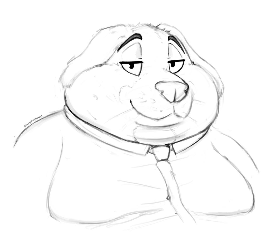 A sketch of a very fat Buddy Goodboy giving an eyes-half-lidded smile, eyebrows arched—he knows you think he looks good. Of particular note are the size of his cheeks and his chest, and his chins aren’t slouching either.