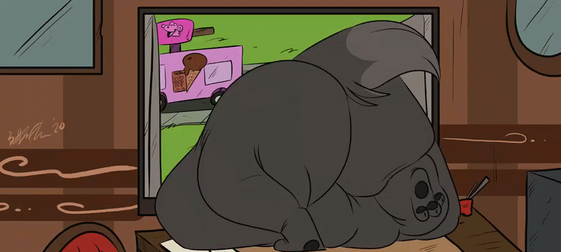 A looping animation set in the law offices of Buddy Goodboy, Esquire. Buddy has tried to leap through the office window and has gotten his excessively fat ass stuck trying to get to the ice cream truck in the distance. He scrabbles his feet against his desk but can&rsquo;t get purchase. Maybe next time, Buddy!