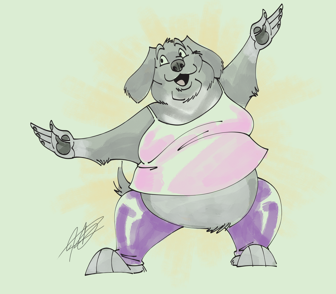 Buddy Goodboy spreads his arms wide and says, "Ta-da!" like he's just done a trick and is waiting for applause or treats. Buddy is a fat Labrador retriever with black fur, a white throat, pronounced moobs, a double chin, and his belly hanging out the bottom of his shirt. He's wearing a pink tank top with spaghetti straps and purple pants.