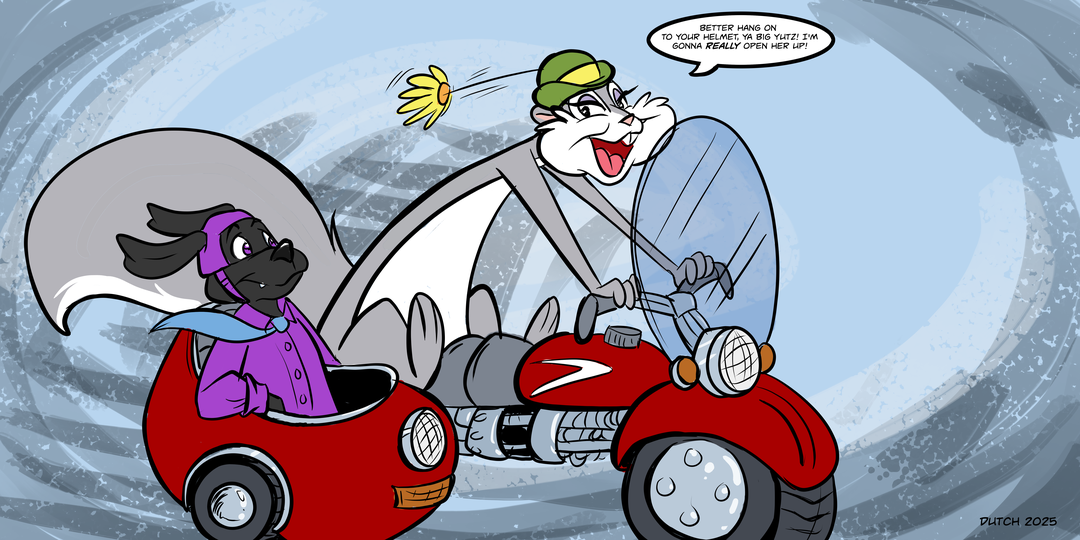 Buddy Goodboy and Slappy Squirrel are riding a red motorcycle, with Buddy in the sidecar. He’s wearing a helmet. The flower in her hat is blowing back with the acceleration. She shouts, “Better hang on to your helmet, ya big yutz! I’m gonna really open her up!”