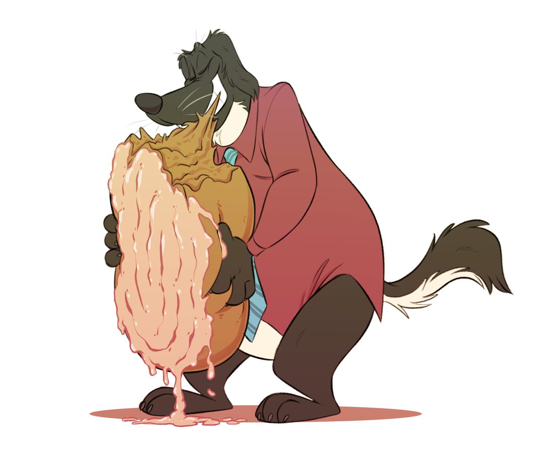 Buddy takes a huge bite out of a frosted, gooey cinnamon bun as big as he is. Buddy is a black Labrador retriever with a white throat and belly, wearing a burgundy dress shirt and a pale blue tie. He's drawn as very bottom-heavy and chunky, with short legs to emphasize his overall bulk.