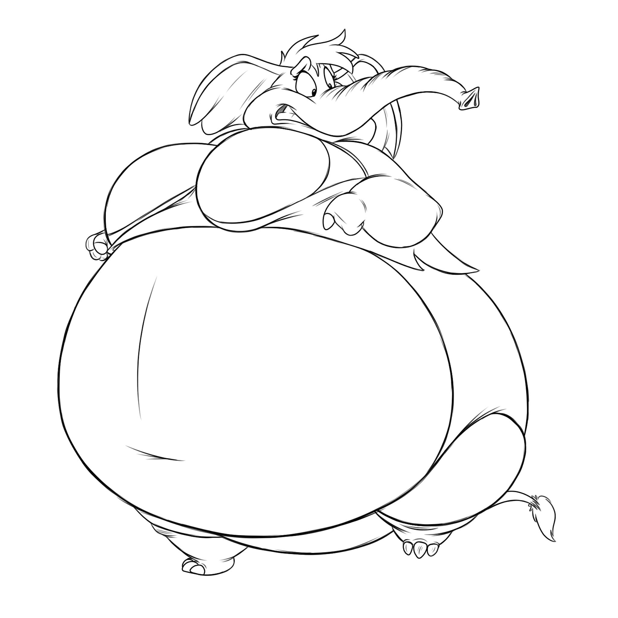 Line drawing looking up at Tina, inflated with lighter-than-air gas to the point where she&rsquo;s the size and shape of a parade float. Tina is a female anthropomorphic elephant wearing a T-shirt and skirt that are emphatically not stretching to fit her inflated size.