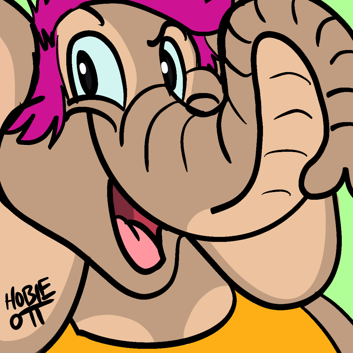 A closeup of Tina! Tina is a cartoony female anthropomorphic brown African elephant. She has on a bright yellow tank top and has short-cropped, hot pink hair.