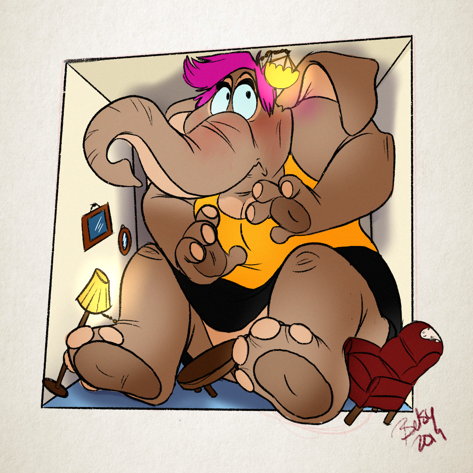 An anthropomorphic elephant grows to fill an entire living room, with her shoulders pinned by the walls and ceiling. She wears a yellow tank top, black skirt, and has short pink hair.