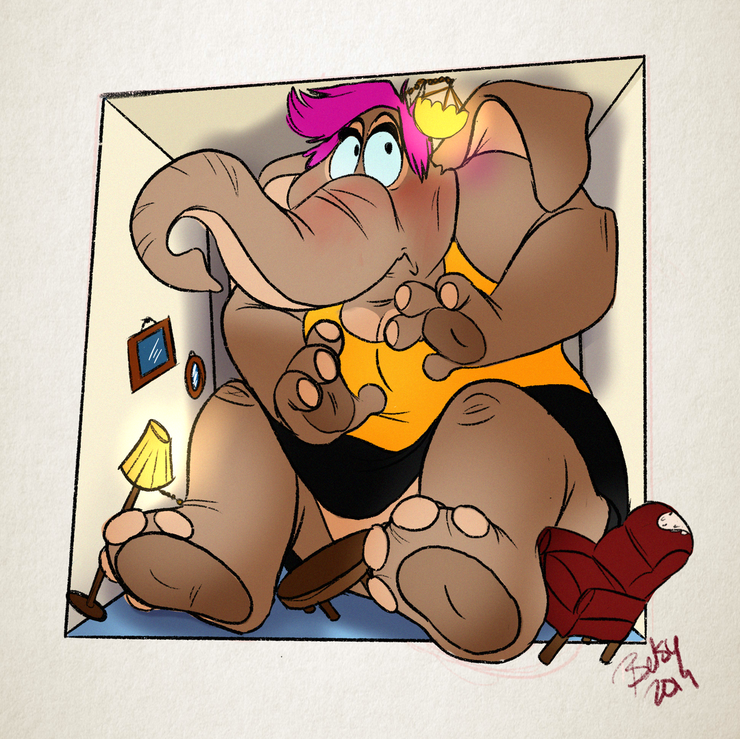 An anthropomorphic elephant grows to fill an entire living room, with her shoulders pinned by the walls and ceiling. She wears a yellow tank top, black skirt, and has short pink hair.