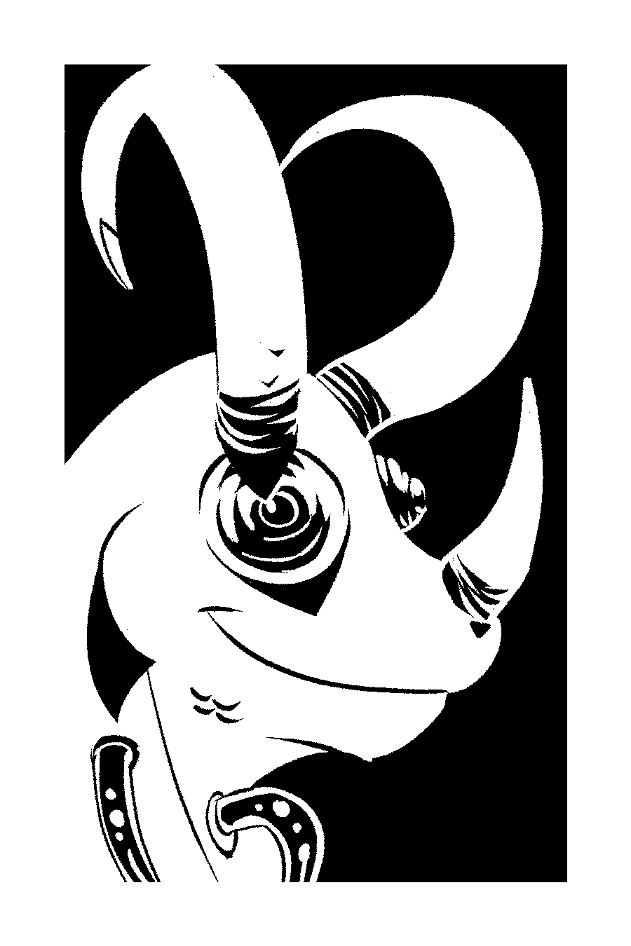 A chameleon with horns and a drip feed putting science fluids into his neck, rendered in black and white.