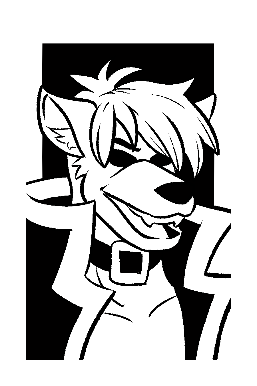An anthropomorphic canid with floppy headfur like hair, totally black eyes, a choker necklace that looks like a dog collar, and a very cool jacket. He bares his fangs.