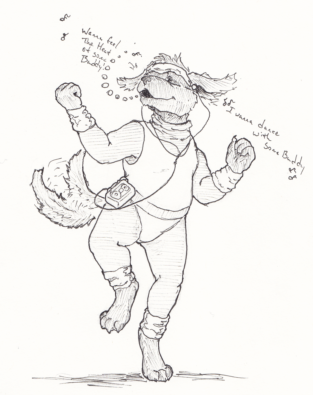 A pencil drawing of Buddy in '80s tights, wagging his tail and doing aerobics to the music of a Walkman playing Whitney Houston's I Wanna Dance with Somebody! Buddy's a male anthro Labrador retriever in super-1980s workout clothes.
