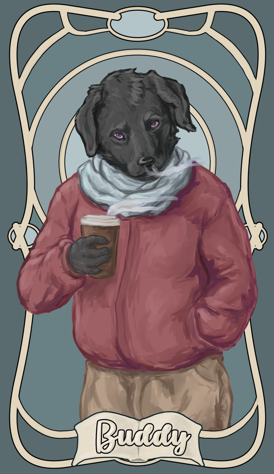 Buddy Goodboy, wrapped up in a red winter coat and white scarf, breathes hot air out his nose, and it immediately turns to fog. His coffee cup also steams warmly. The figure is ensconced in a flowing Art Nouveau frame, with a caption reading "Buddy" over an open book.