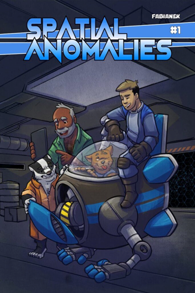 A young, white, brunet man (Zeke) in a space suit straddles the top of a blue space utility pod piloted by a short anthropomorphic brown dog (Dawg), and they wink at each other. To the side, an older man with dark skin and grey hair and beard (Manny) scolds a short anthropomorphic badger (Badja) as the badger gives Dawg the stink eye.
