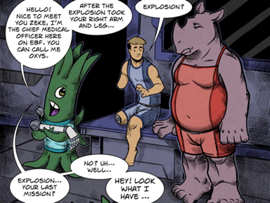 A vaguely broccoli-looking ship’s medical officer (Oxys) prepares to attach mechanical limbs to plugs in Zeke’s severed right arm and right leg. A tall, thick female rhino (Rhyno) watches.