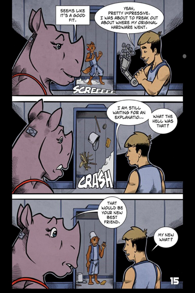 Three consecutive panels of Rhyno and Zeke talking, while in the background, Dawg skids past an open door, crashes into janitorial equipment, and waves to Rhyno and Zeke with a bucket on his head.