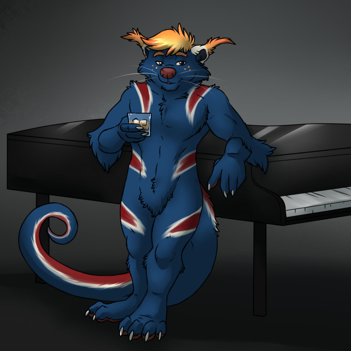 Cosmik is a fluffy binturong with fur in the rough pattern of the Union Jack. He gazes at you with smoky eyes over a glass of some classy adult beverage as he leans back on a grand piano.