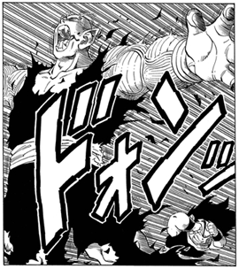 Piccolo shields a frozen Gohan from a ki blast that will assuredly\nkill whoever is in its way.