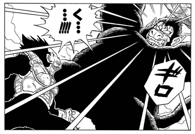 Son Gohan can turn into a Great Ape or Oozaru under the light of the\nfull moon, and he loses all reason and self control. Vegeta is about to\nfind out firsthand, as an enraged Great Ape Gohan raises a boulder above\nhis head to smash\nVegeta.