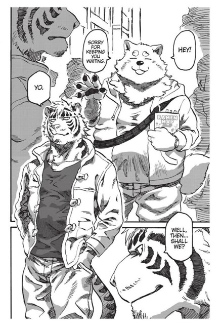 A manga page of a chubby wolf (who is so fluffy he looks more like a samoyed) and a buff tiger meeting up to visit a ramen restaurant together.