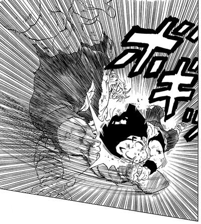 Son Gohan get kicked hard by Ginyu Force member Recoome, who vastly outclasses him in power level and fighting prowess.