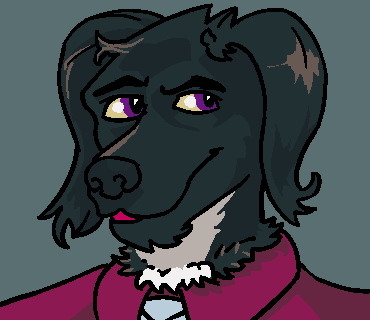 Just your average violet-eyed, anthropomorphic, black Labrador retriever with a tie in a half Windsor knot.