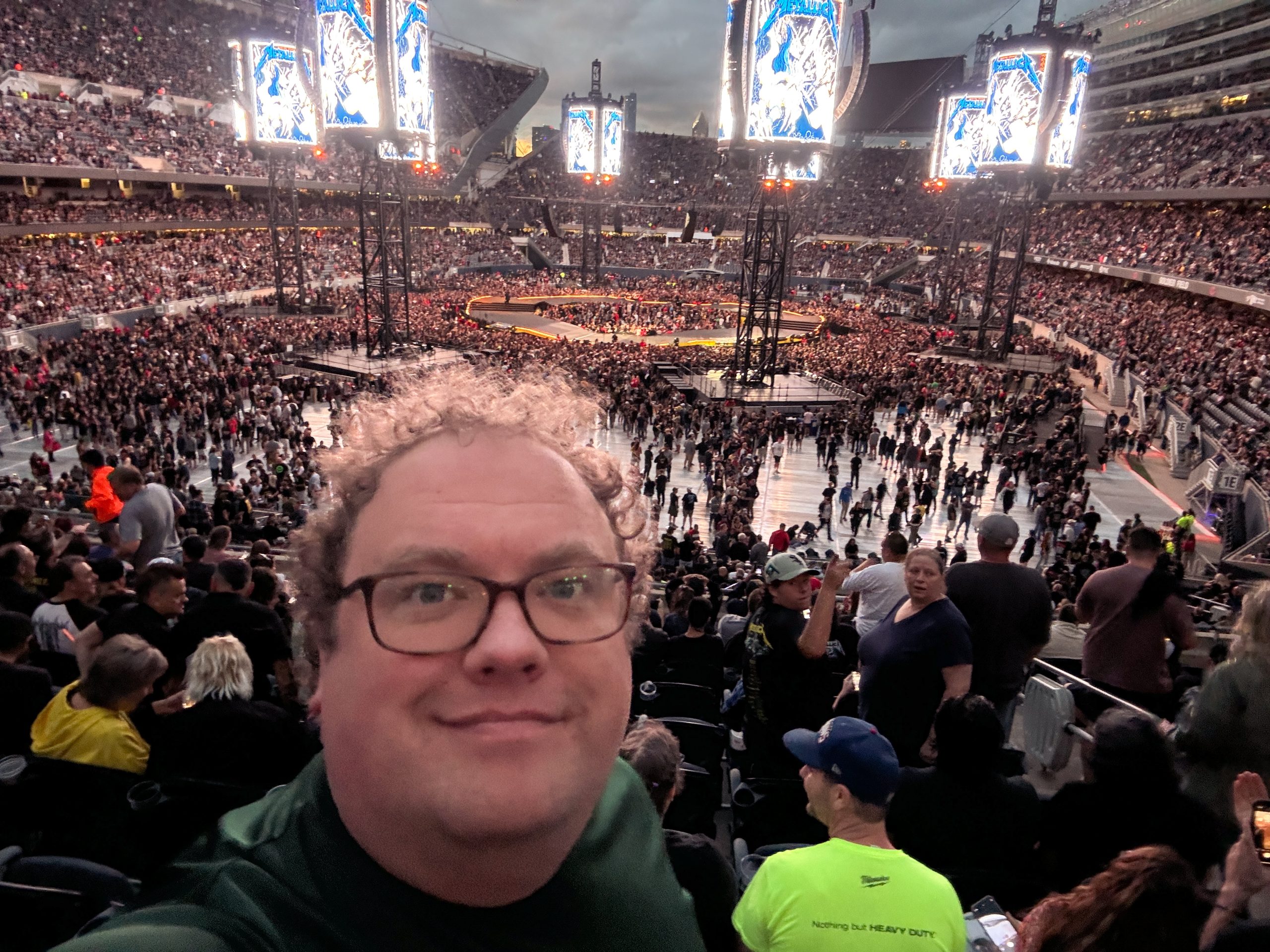 Selfie in front of the stage, taken from about halfway up the stadium seats.