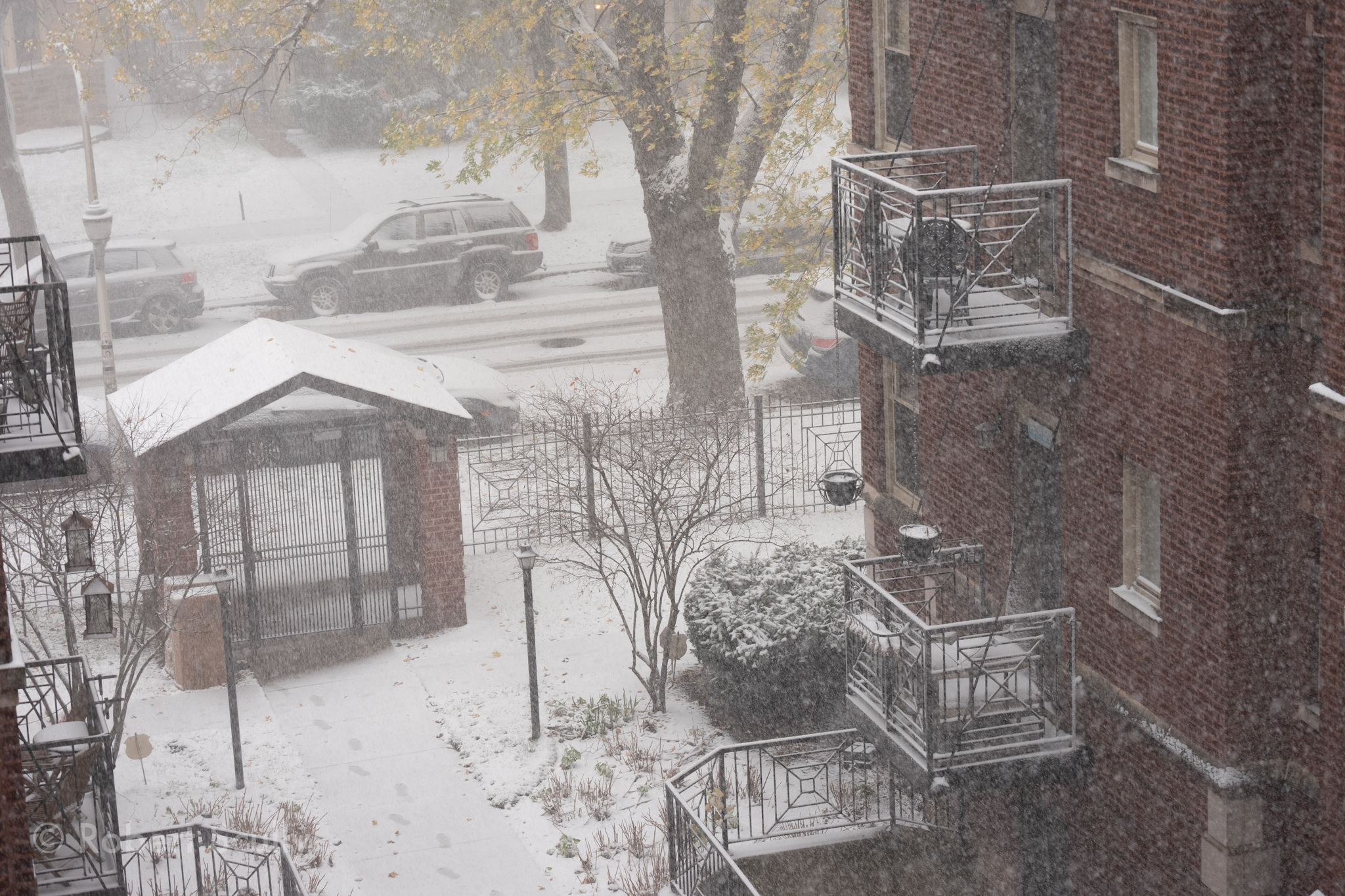 A view from my porch down to the courtyard, showing the front gate and other porches covered in the start of snow.